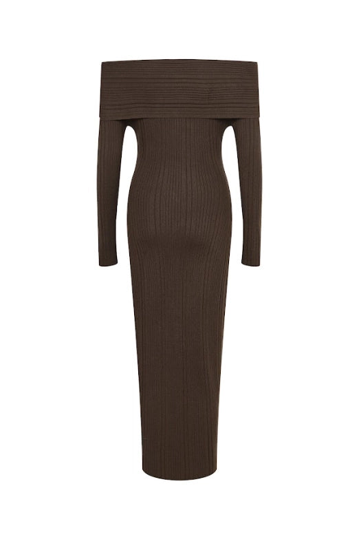 Brown off the shoulder knit mini dress