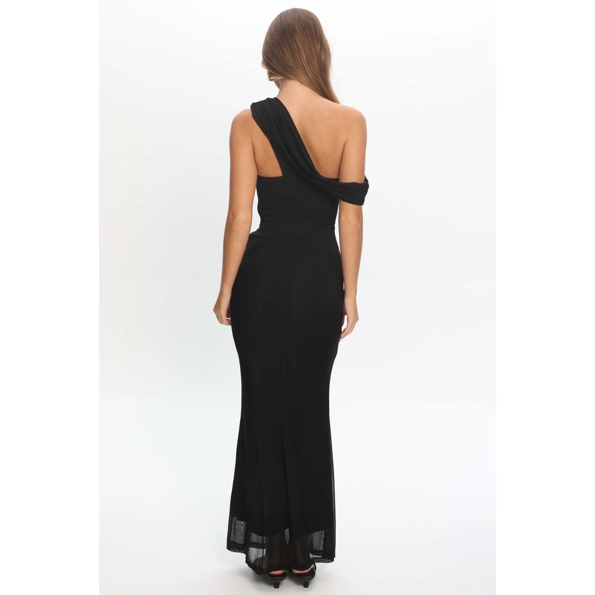 Asymmetrical Shoulder Black Maxi Dress