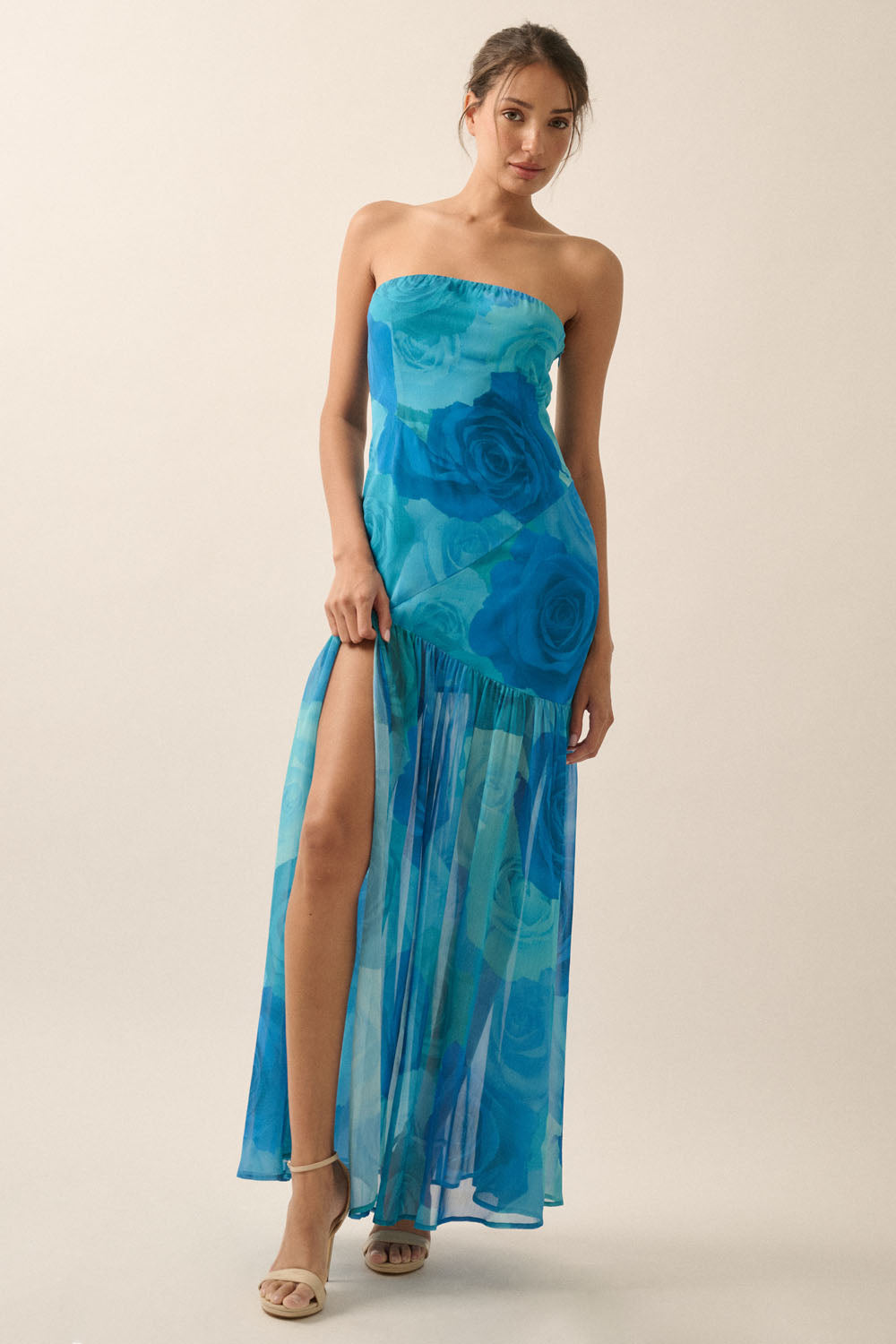 Blue Floral Strapless Midi