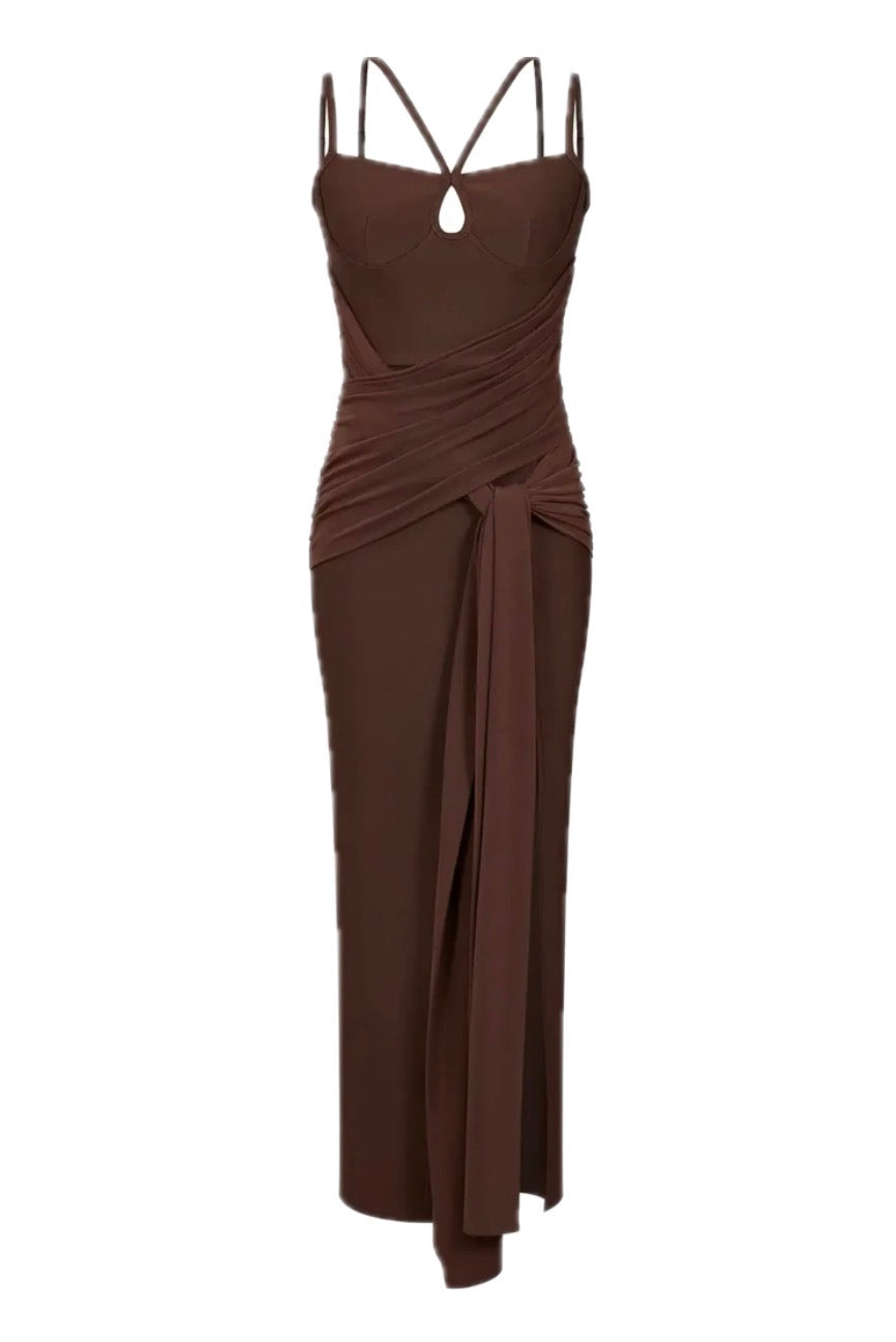Brown Strap Tie Front Dress