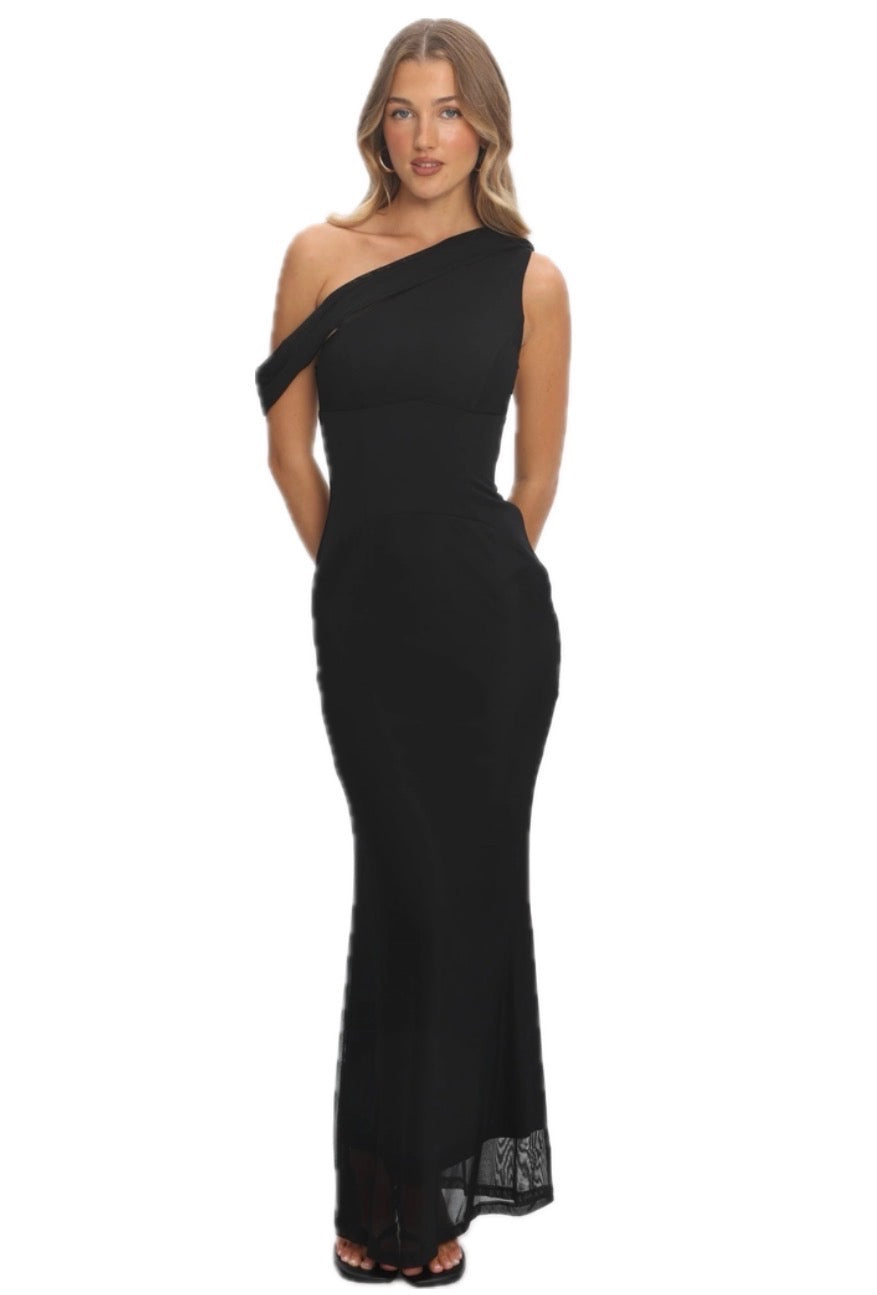 Asymmetrical Shoulder Black Maxi Dress