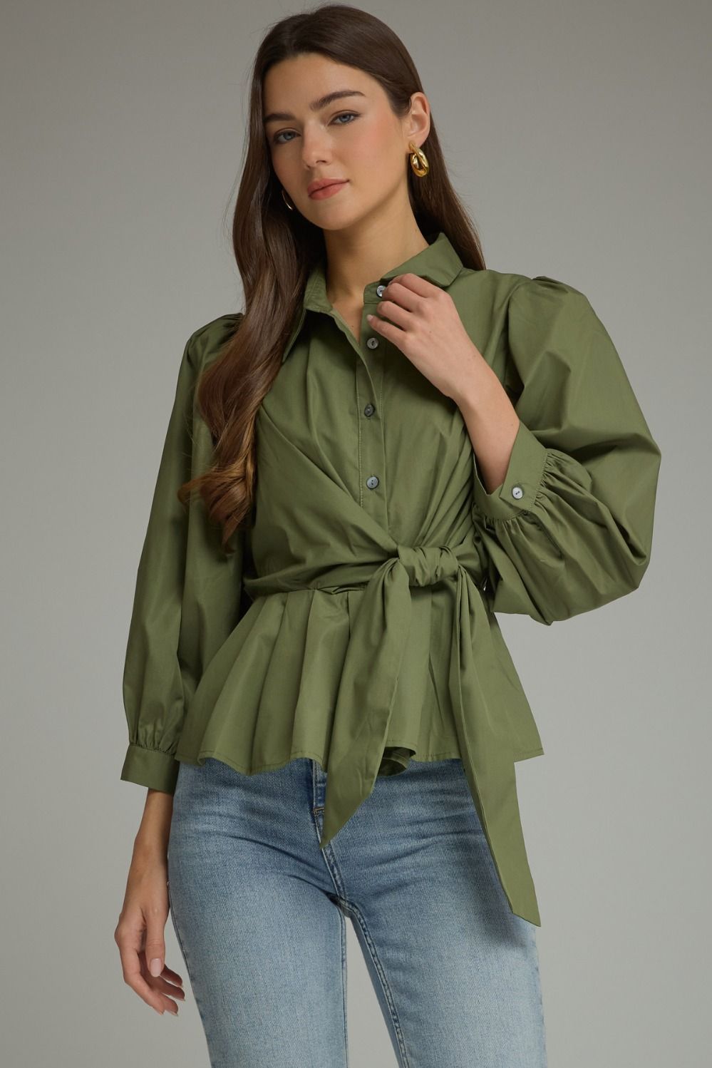Green Tie Front Blouse