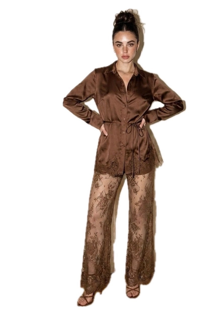 Deep Expresson Brown Lace Pants Set
