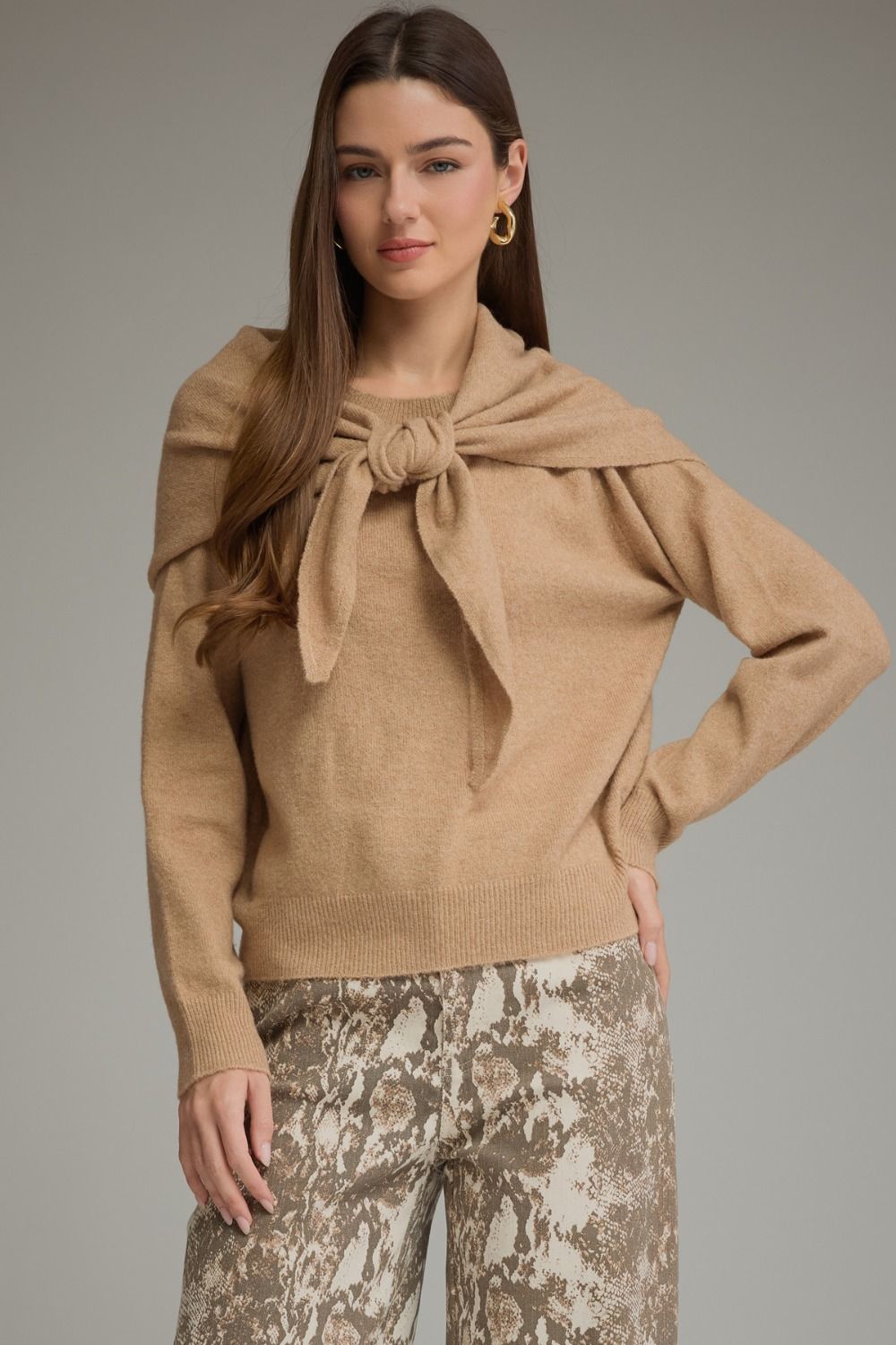 Taupe sweater with self tie scarf