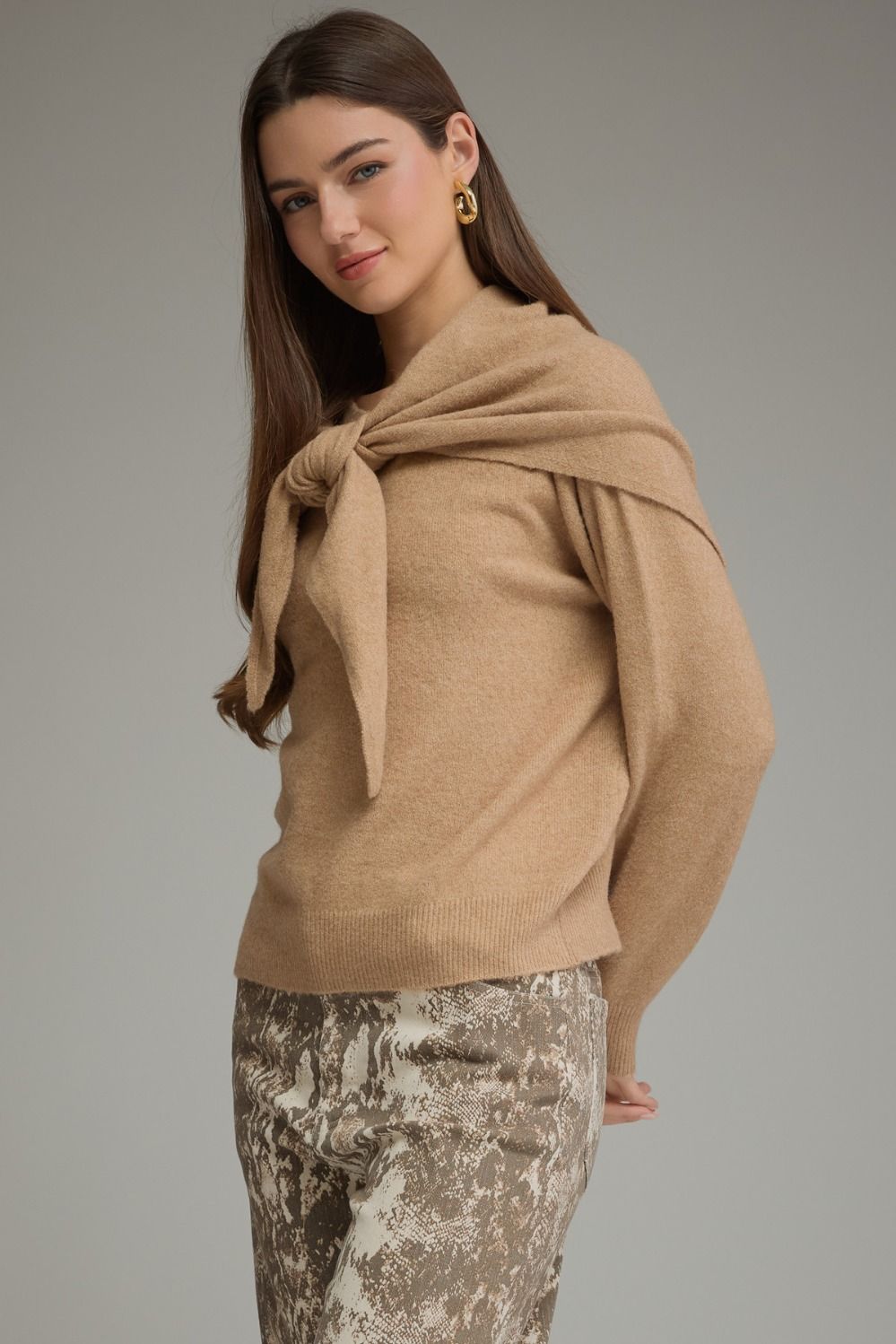 Taupe sweater with self tie scarf