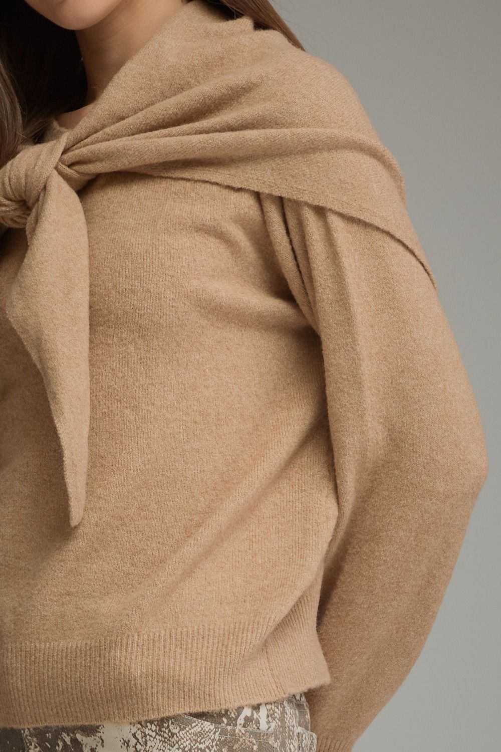Taupe sweater with self tie scarf