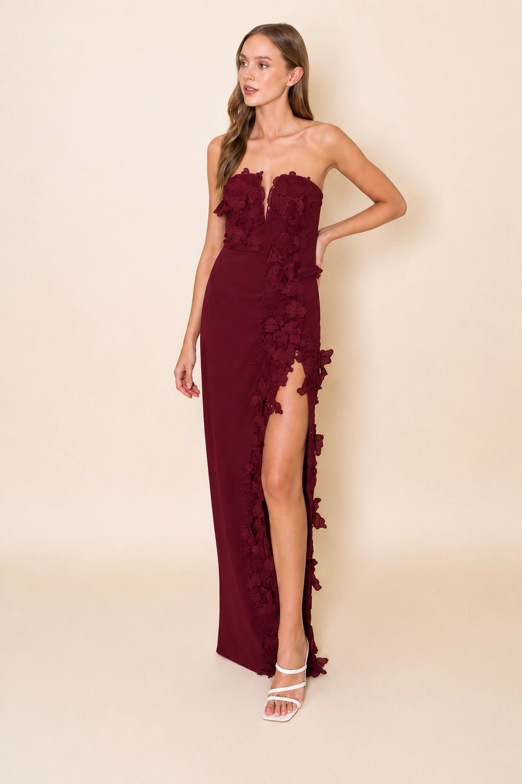 Strapless Burgundy Lace Dress