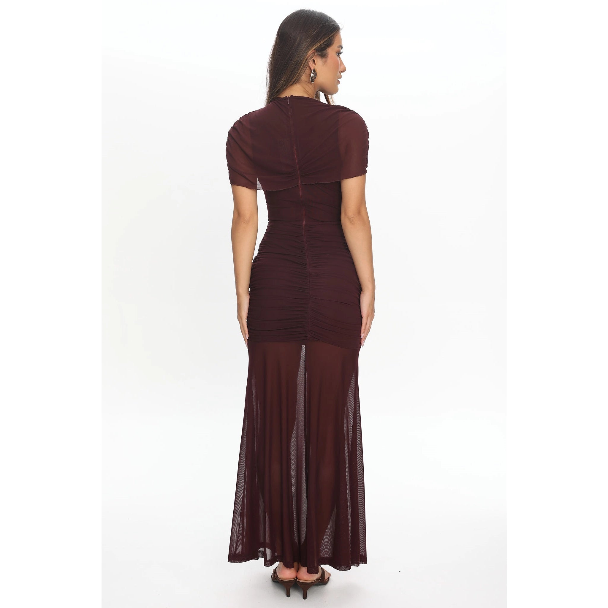 Brown Ruched Mesh Dress