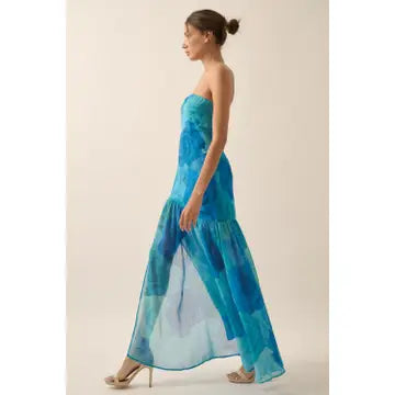 Blue Floral Strapless Midi