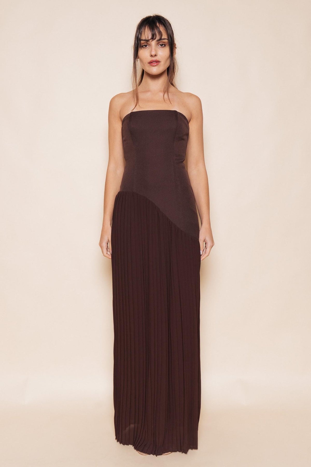 Asymmetrical strapless brown dress