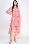 Tiered Long Sleeve Print Midi Dress: S / Pink