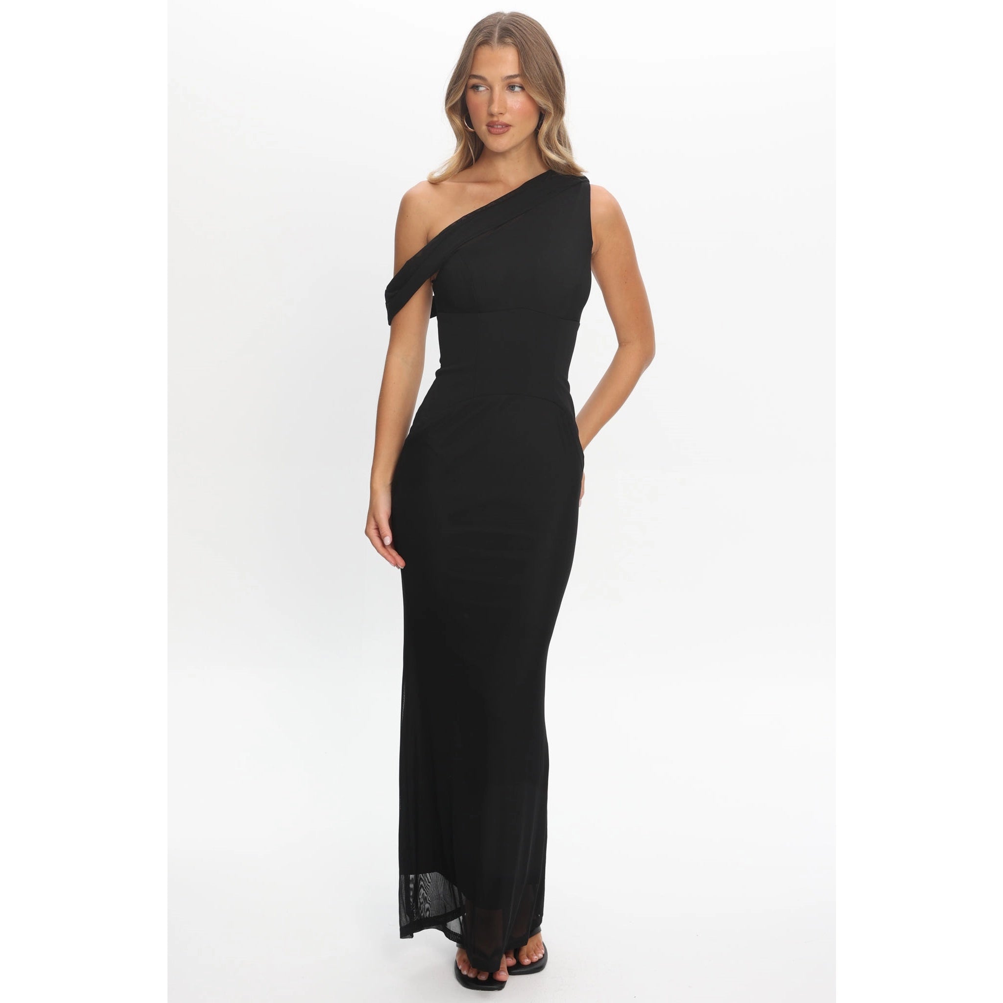 Asymmetrical Shoulder Black Maxi Dress