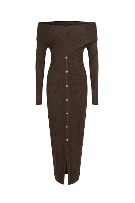 Brown off the shoulder knit mini dress