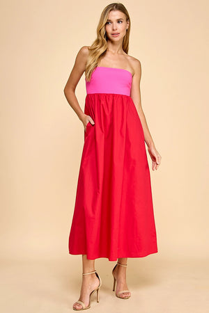 Pink and Red Strapless Dress with pockets