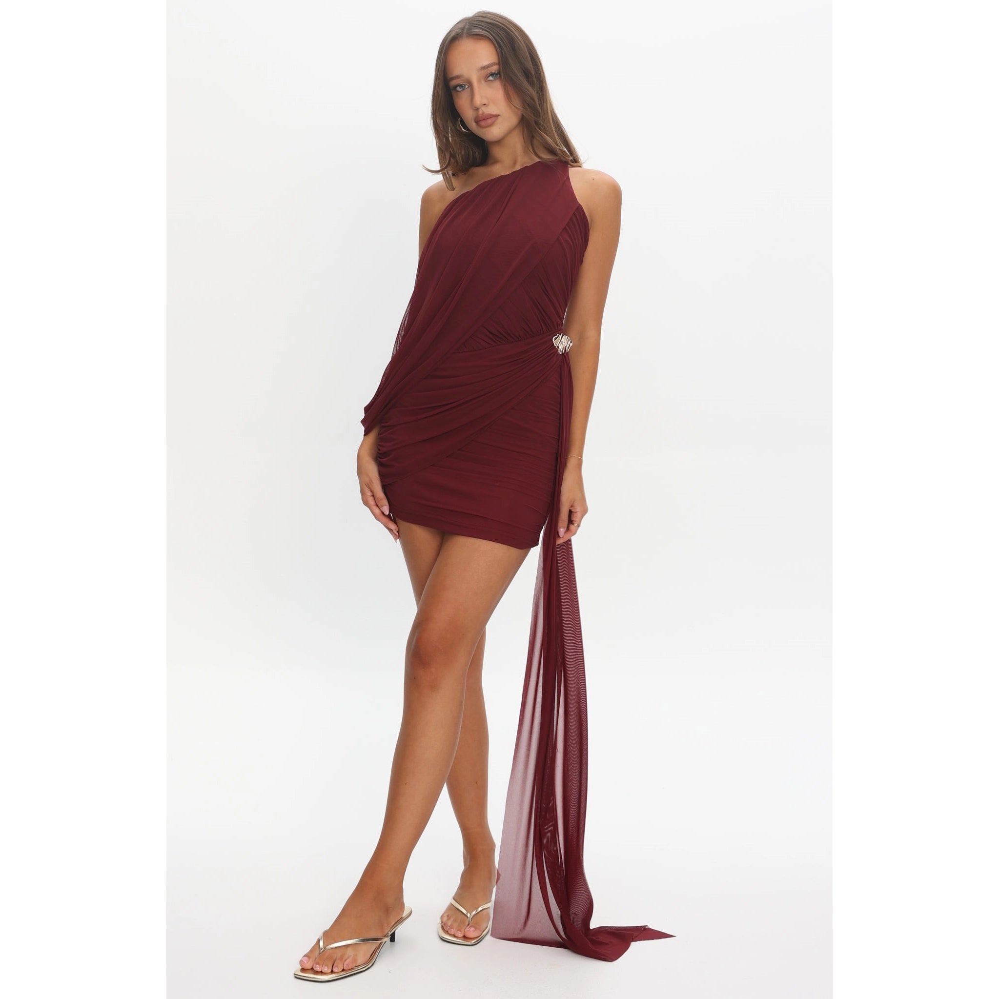 Embellished Side Mini Dress in Wine