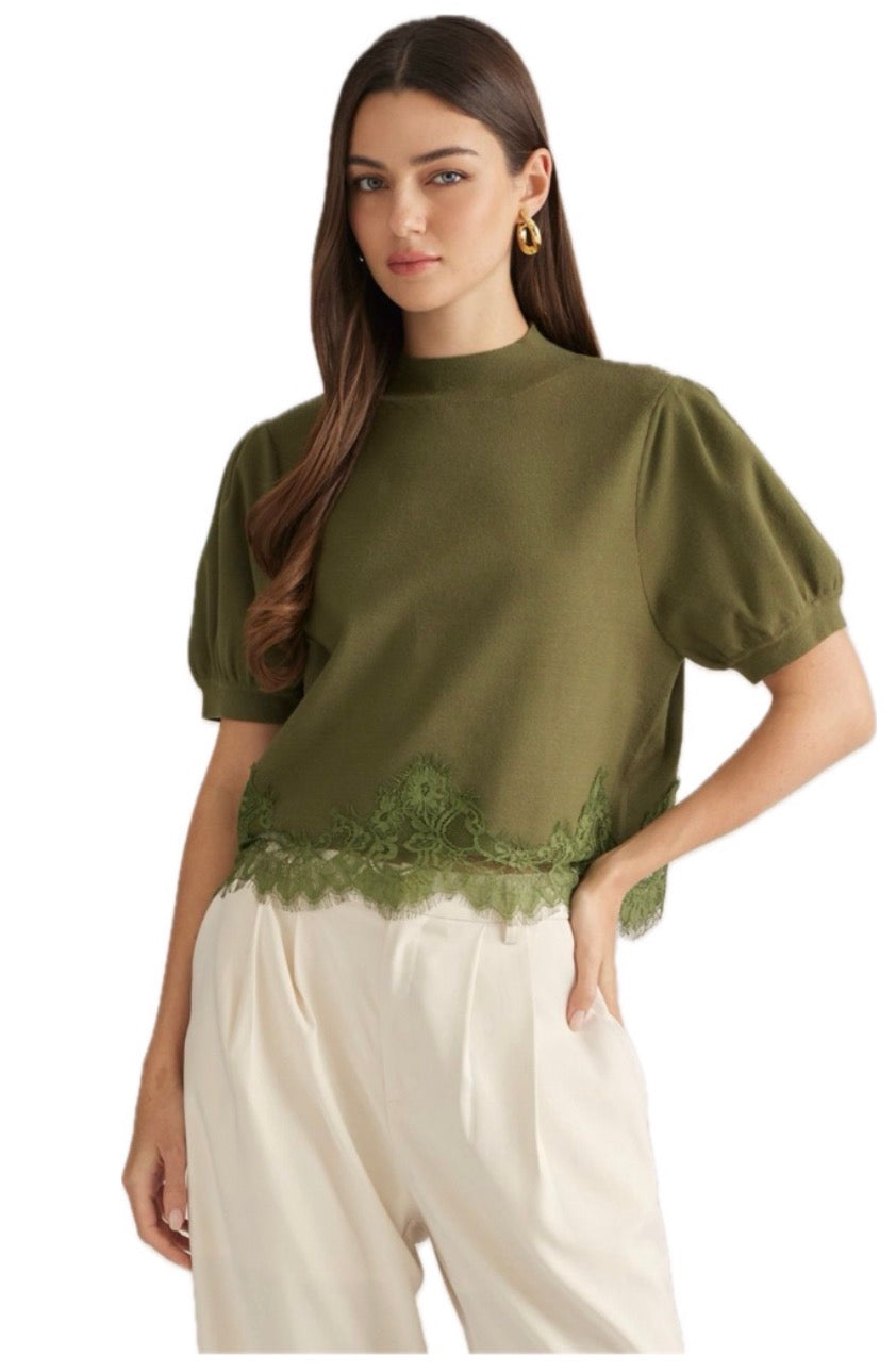 Green puff sleeve sweater with lace bottom detail