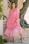 Tiered Long Sleeve Print Midi Dress: M / Pink