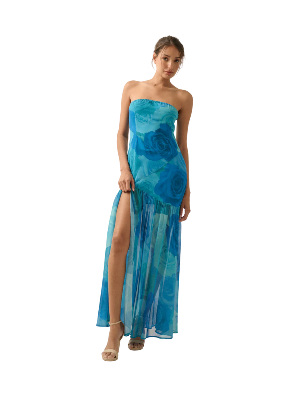 Blue Floral Strapless Midi