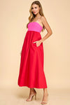 Pink and Red Strapless Dress with pockets