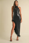 Sequin black halter feather dress