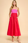 Pink and Red Strapless Dress with pockets