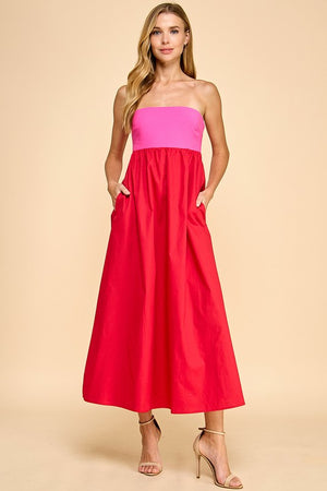 Pink and Red Strapless Dress with pockets