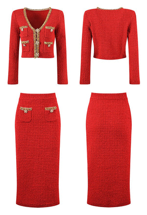 Red and Gold Luxury Beaded Skirt and Top Set