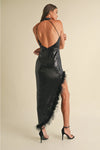 Sequin black halter feather dress