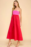 Pink and Red Strapless Dress with pockets