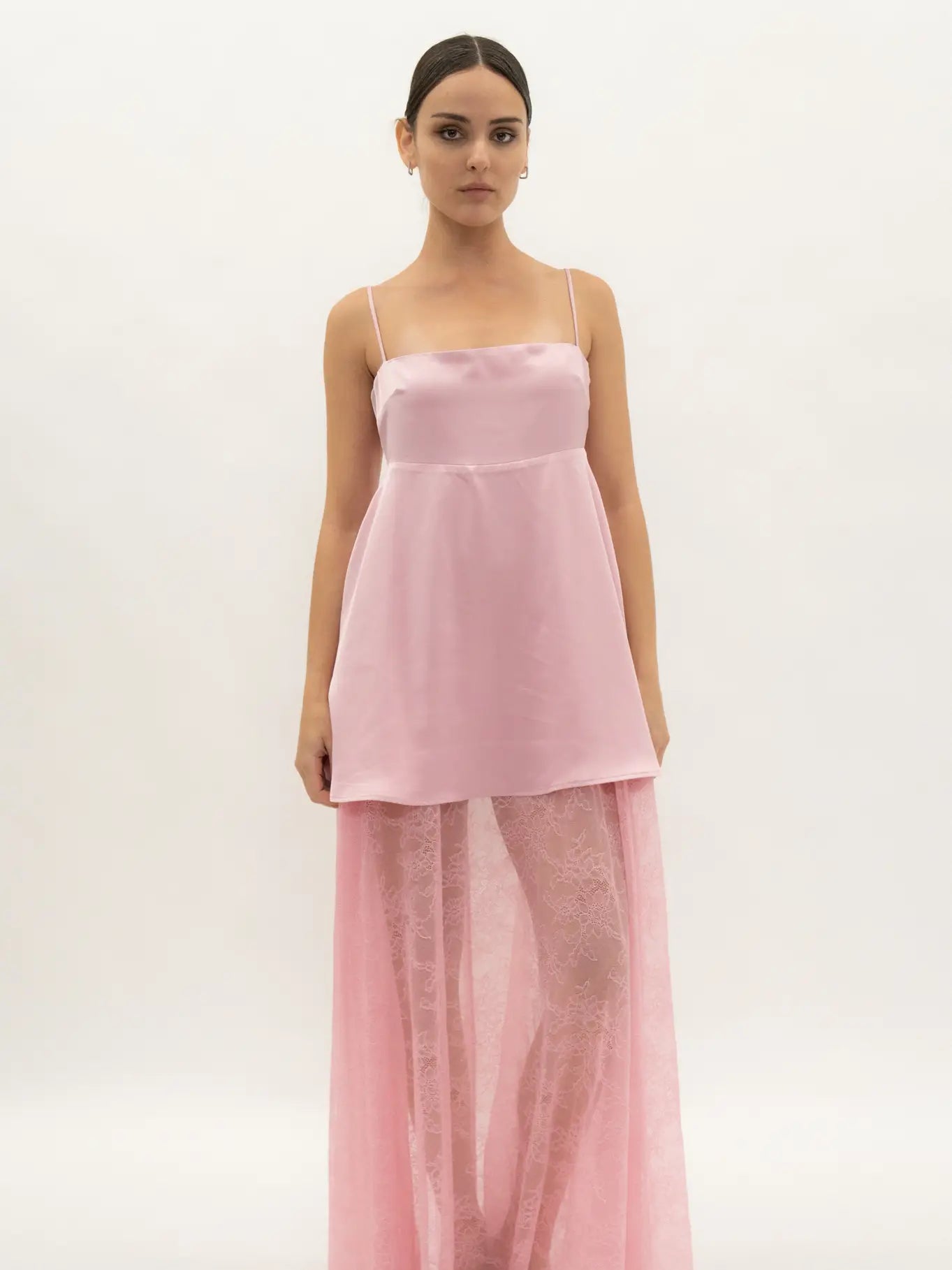 Contrast Lace Skirt and Satin Maxi Dress
