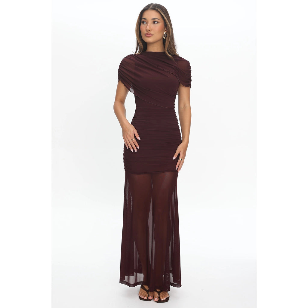 Brown Ruched Mesh Dress