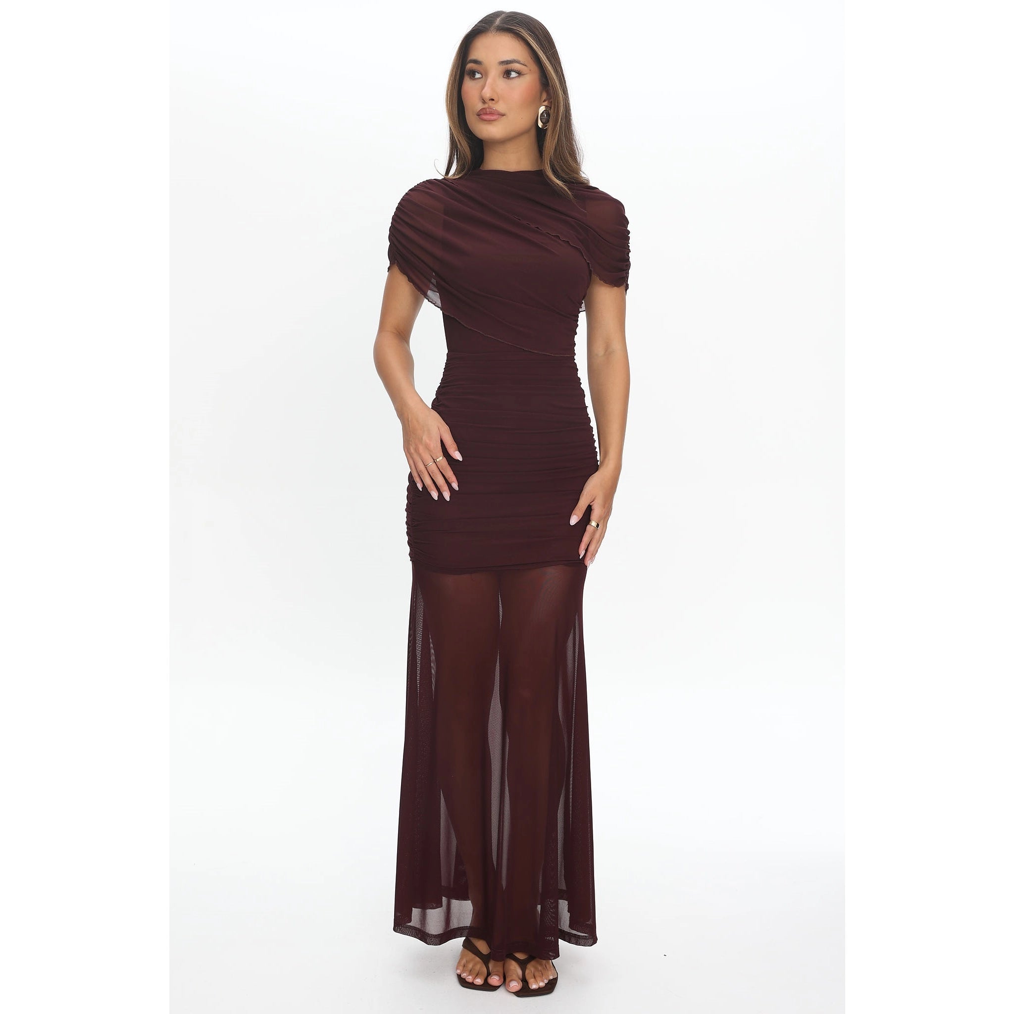 Brown Ruched Mesh Dress