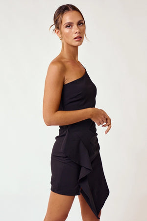 One shoulder black ruffle dress