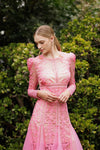 LD1033 Pink Cord Lace Maxi Dress: L / Barbie Pink