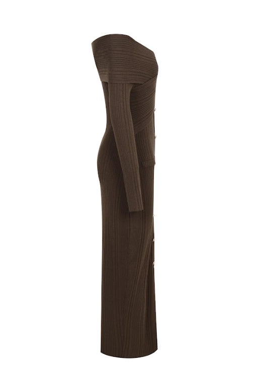 Brown off the shoulder knit mini dress