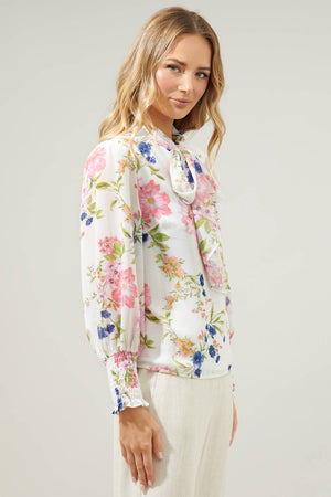 Wildheart Floral Etienne Tie Neck Long Sleeve Blouse: PINK-GREEN-BLUE / XS