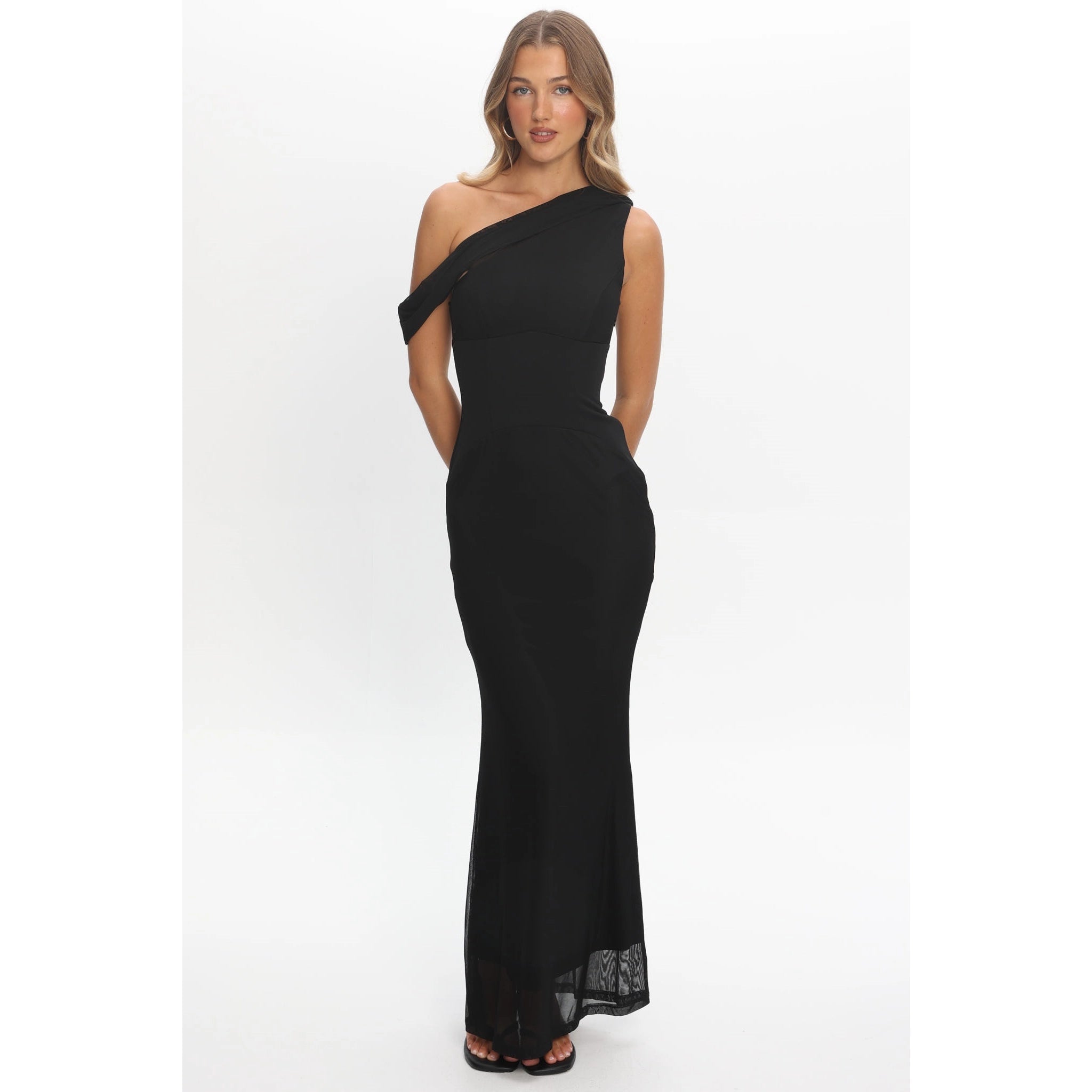 Asymmetrical Shoulder Black Maxi Dress