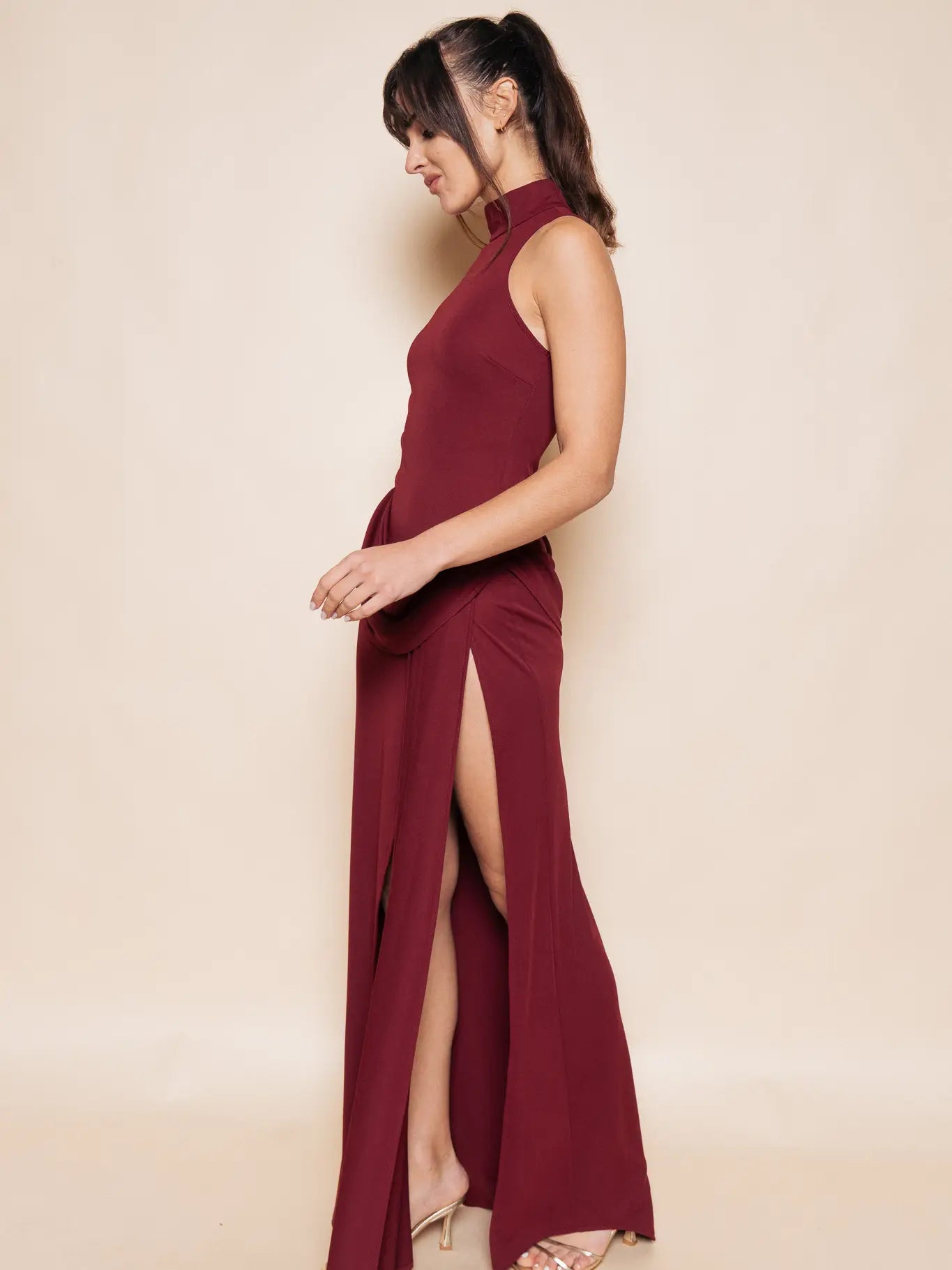 BESTSELLER High Neck Burgundy Maxi Dress with slit