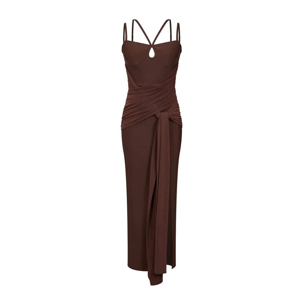 Brown Strap Tie Front Dress