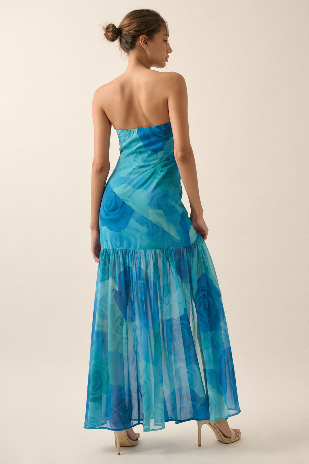 Blue Floral Strapless Midi