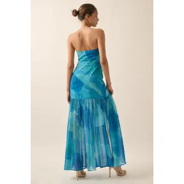 Blue Floral Strapless Midi
