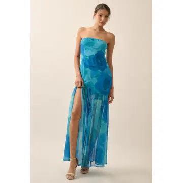 Blue Floral Strapless Midi