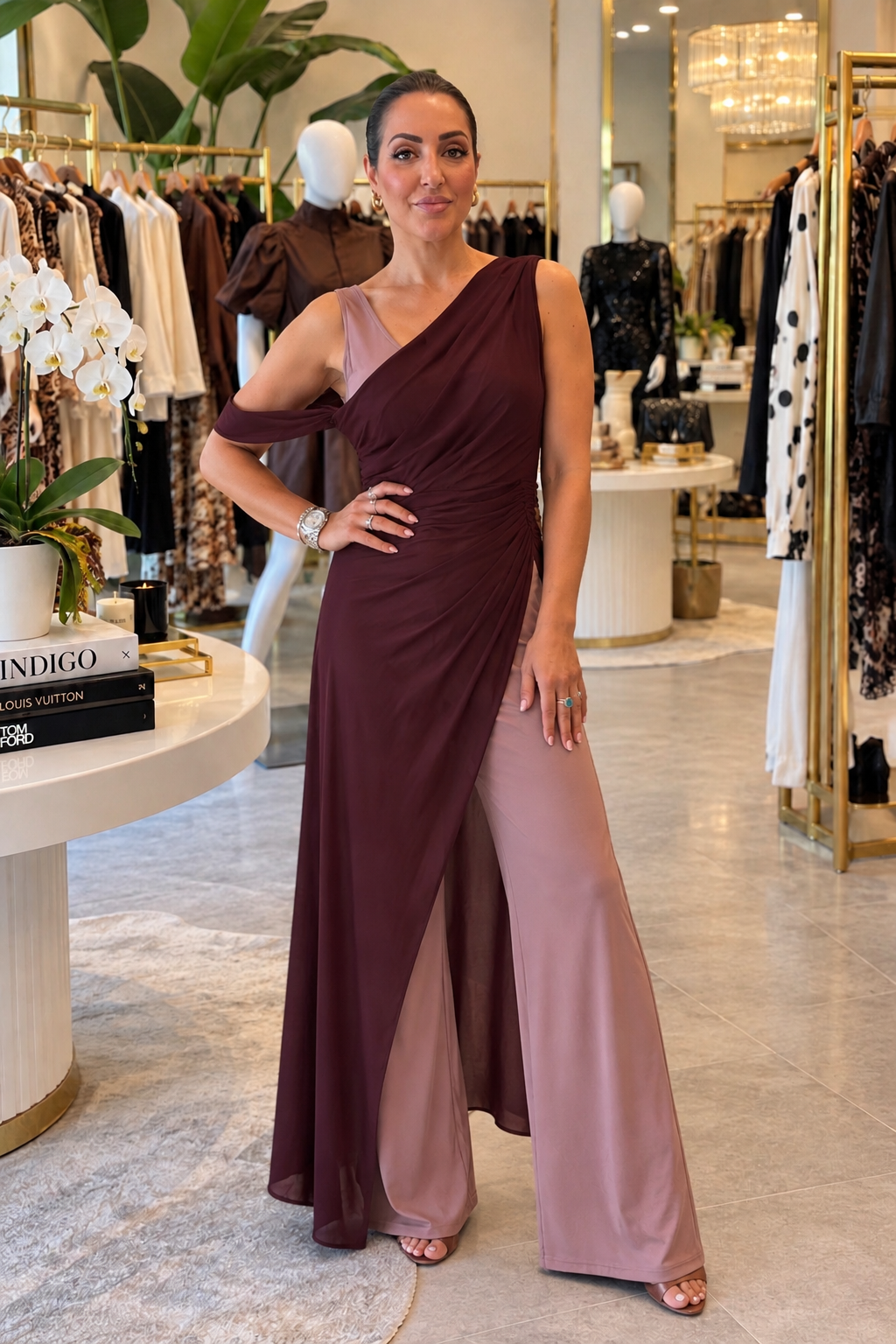 Sheer Overlay Dress and Wide-Leg Jumpsuit Set