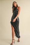 Sequin black halter feather dress