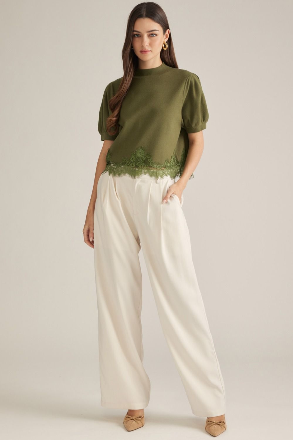 Green puff sleeve sweater with lace bottom detail