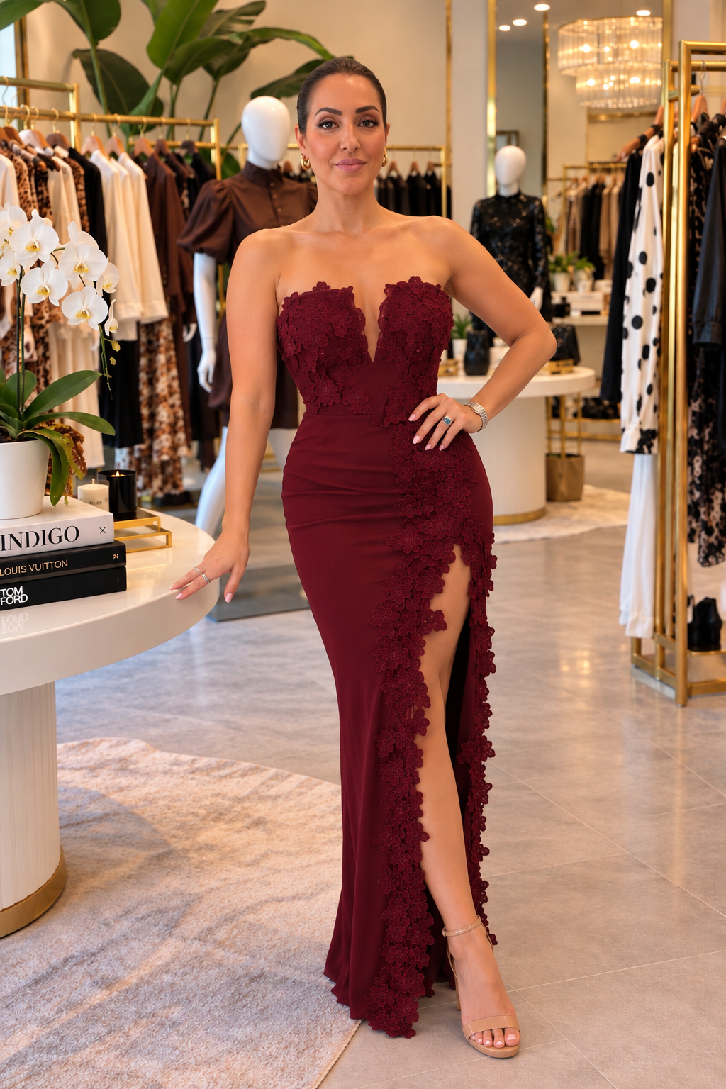 Strapless Burgundy Lace Dress