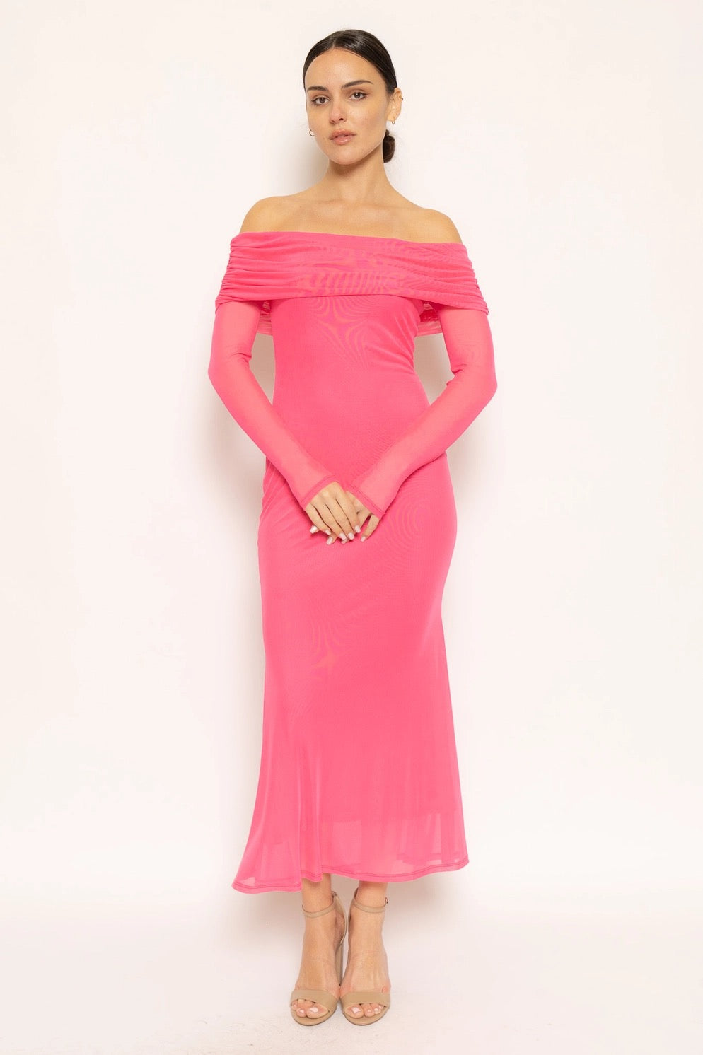 Ruched off the shoulder Dress hot pink