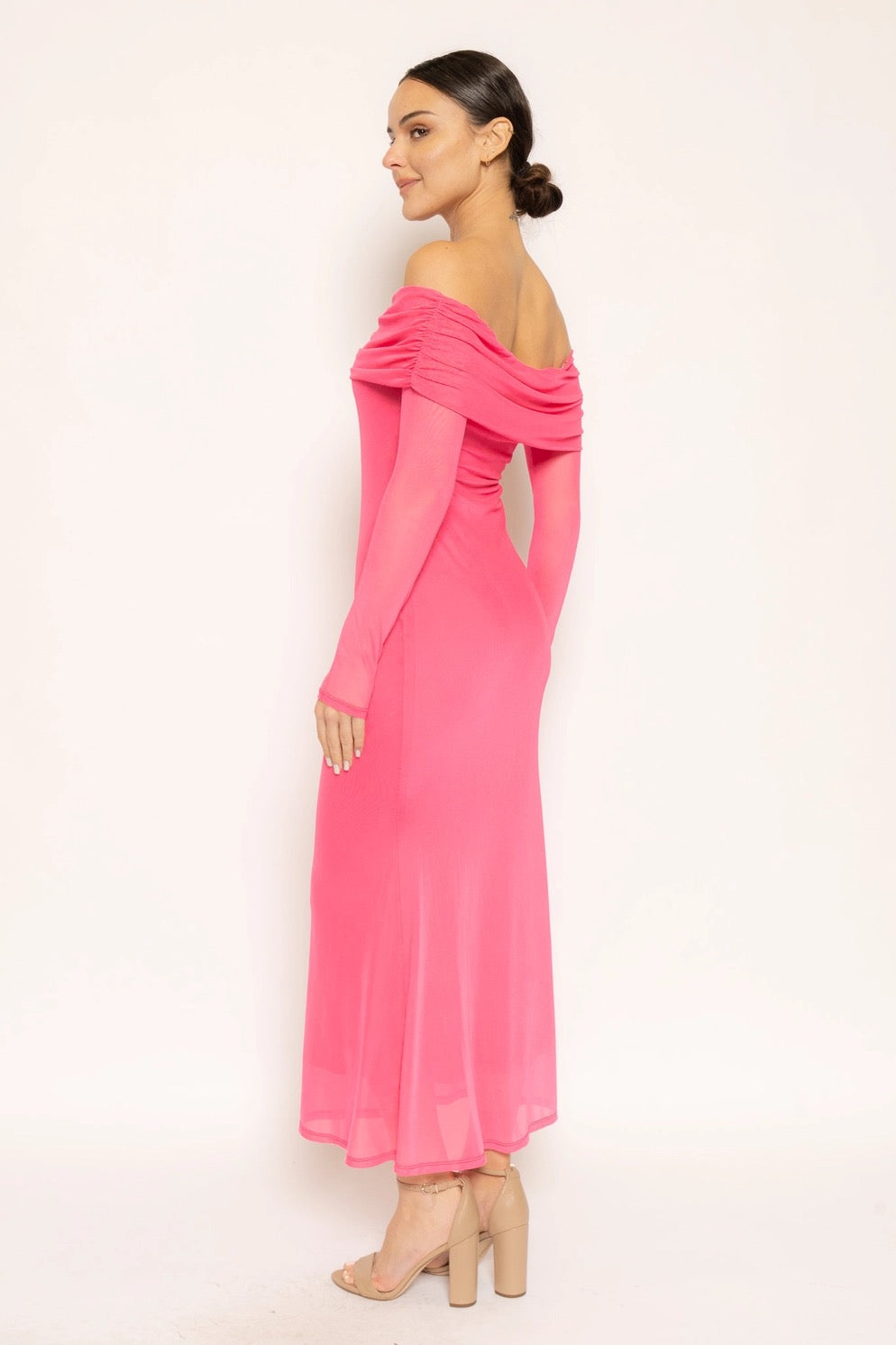 Ruched off the shoulder Dress hot pink