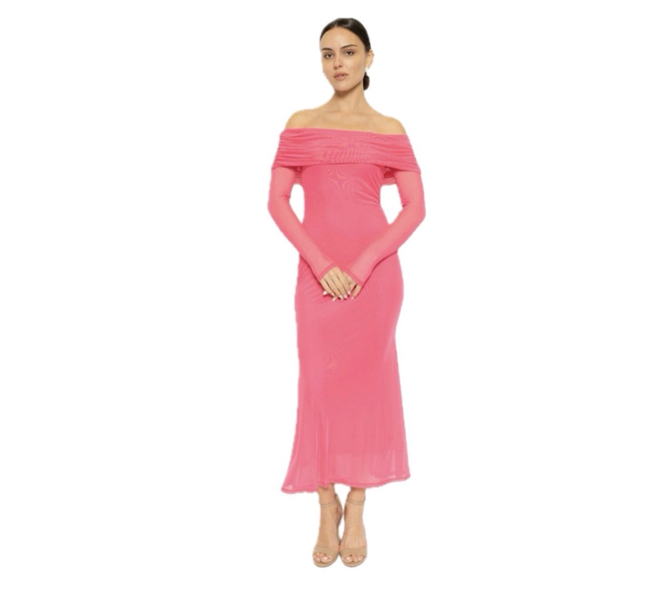 Ruched off the shoulder Dress hot pink