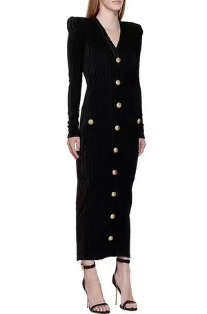 Gold Button Velvet Midi Dress